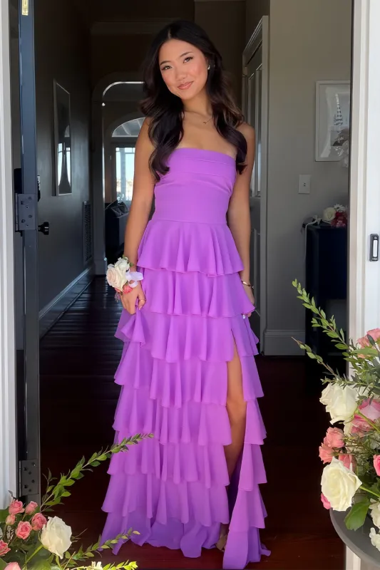 Noria | Purple - Strapless A Line Chiffon Long Prom Dress With Ruffles sold by KissProm