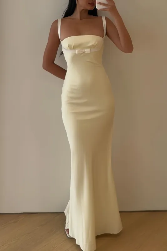 Ellora | Yellow- Square Neck Mermaid Satin Long Prom Dresses With Bowknot sold by KissProm