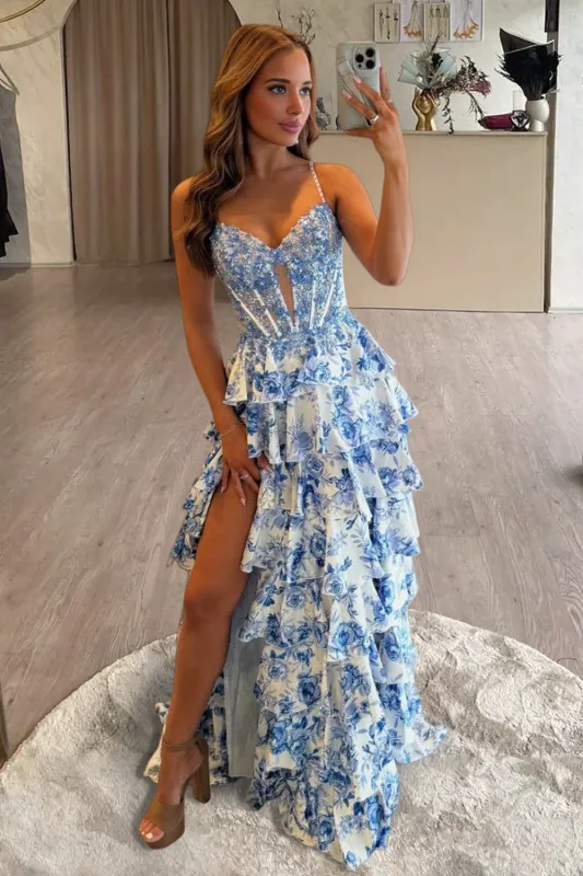 Amandra | Blue - Spaghetti Straps A Line Floral Chiffon Ruffled Prom Dresses With Slit sold by KissProm
