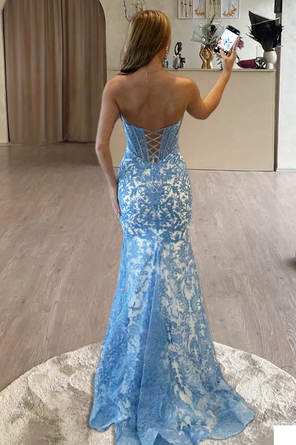 Joraya | Blue - Strapless Mermaid Lace Long Prom Dresses With Beading sold by KissProm product image thumbnail 2