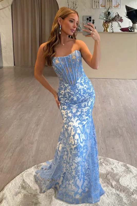 Joraya | Blue - Strapless Mermaid Lace Long Prom Dresses With Beading sold by KissProm