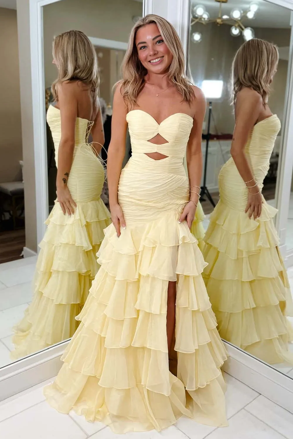 Yellow Mermaid Sweetheart Chiffon Ruffled Long Prom Dresses with Keyholes sold by KissProm