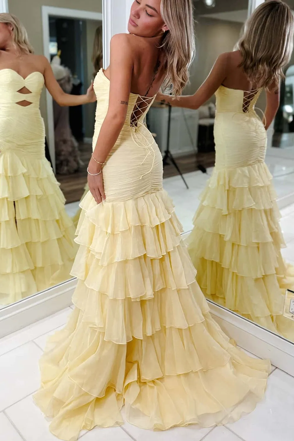 Yellow Mermaid Sweetheart Chiffon Ruffled Long Prom Dresses with Keyholes sold by KissProm product image thumbnail 2