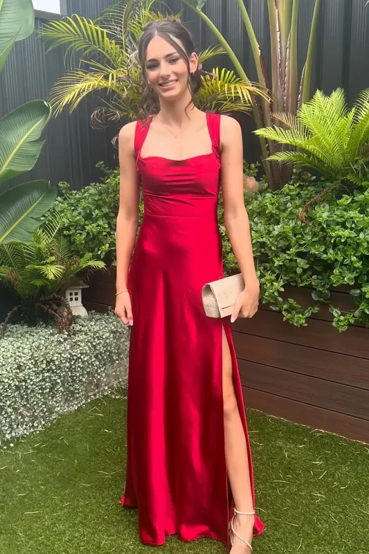 Auren | Red - A-Line Square Neck Satin Long Prom Dresses with Slit sold by KissProm