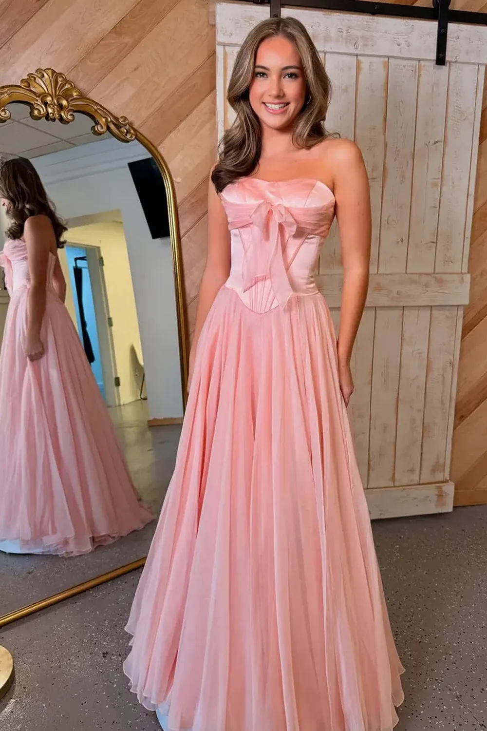 Blue - A Line Strapless Pleated Chiffon Long Prom Dress with Bow sold by KissProm product image thumbnail 5