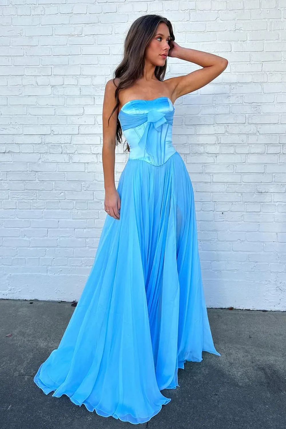 Blue - A Line Strapless Pleated Chiffon Long Prom Dress with Bow sold by KissProm product image thumbnail 3