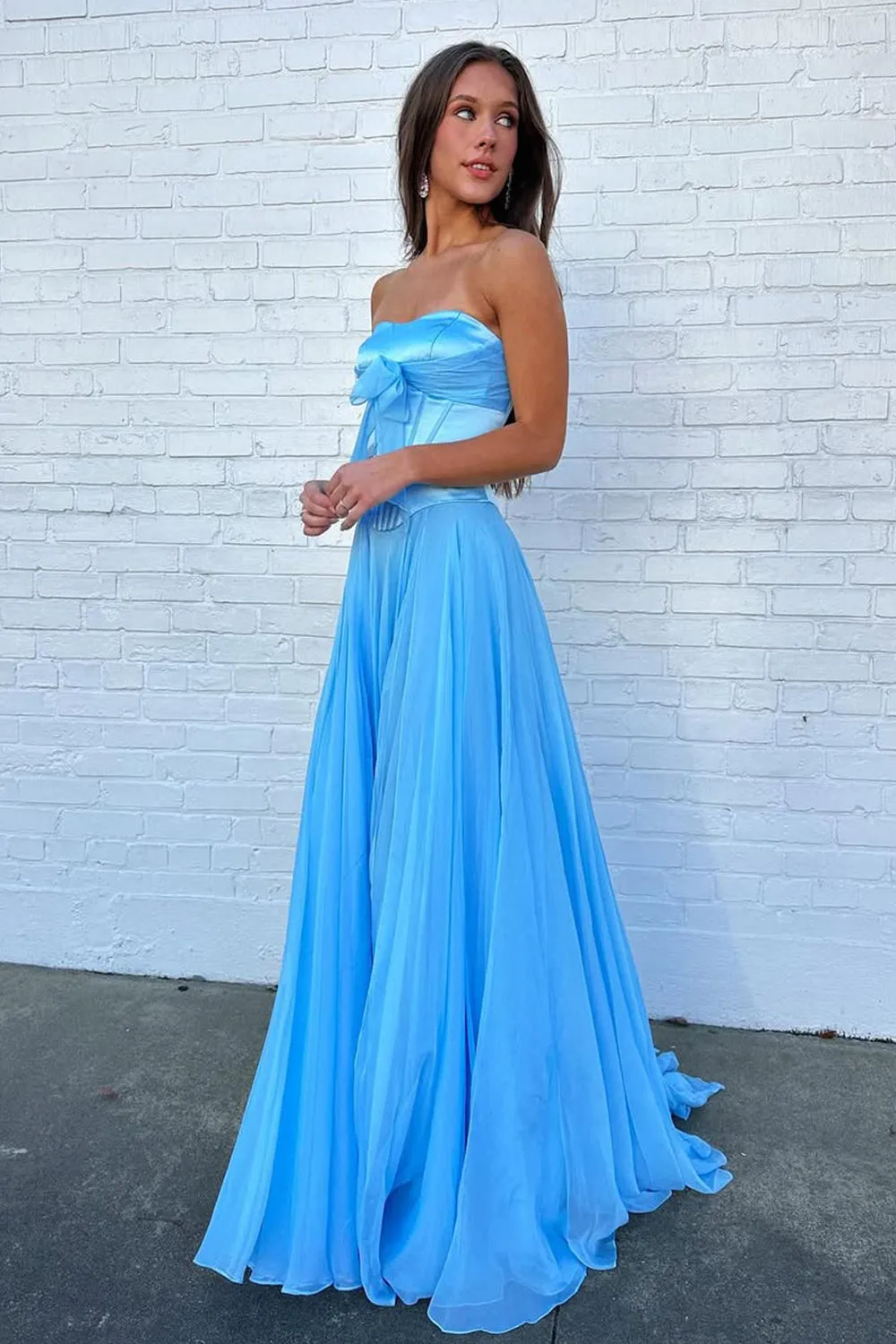 Blue - A Line Strapless Pleated Chiffon Long Prom Dress with Bow sold by KissProm product image thumbnail 2