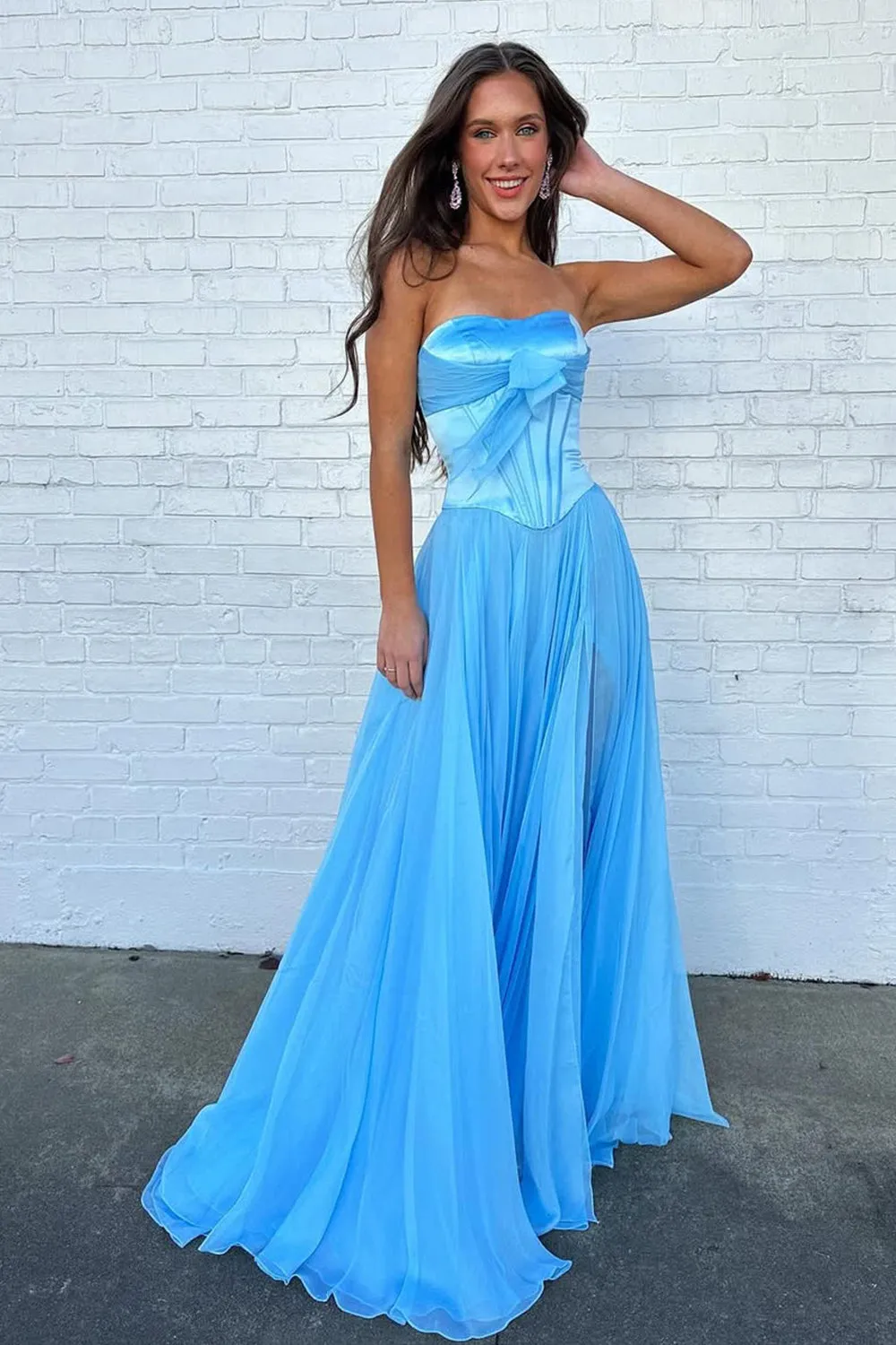 Blue - A Line Strapless Pleated Chiffon Long Prom Dress with Bow sold by KissProm
