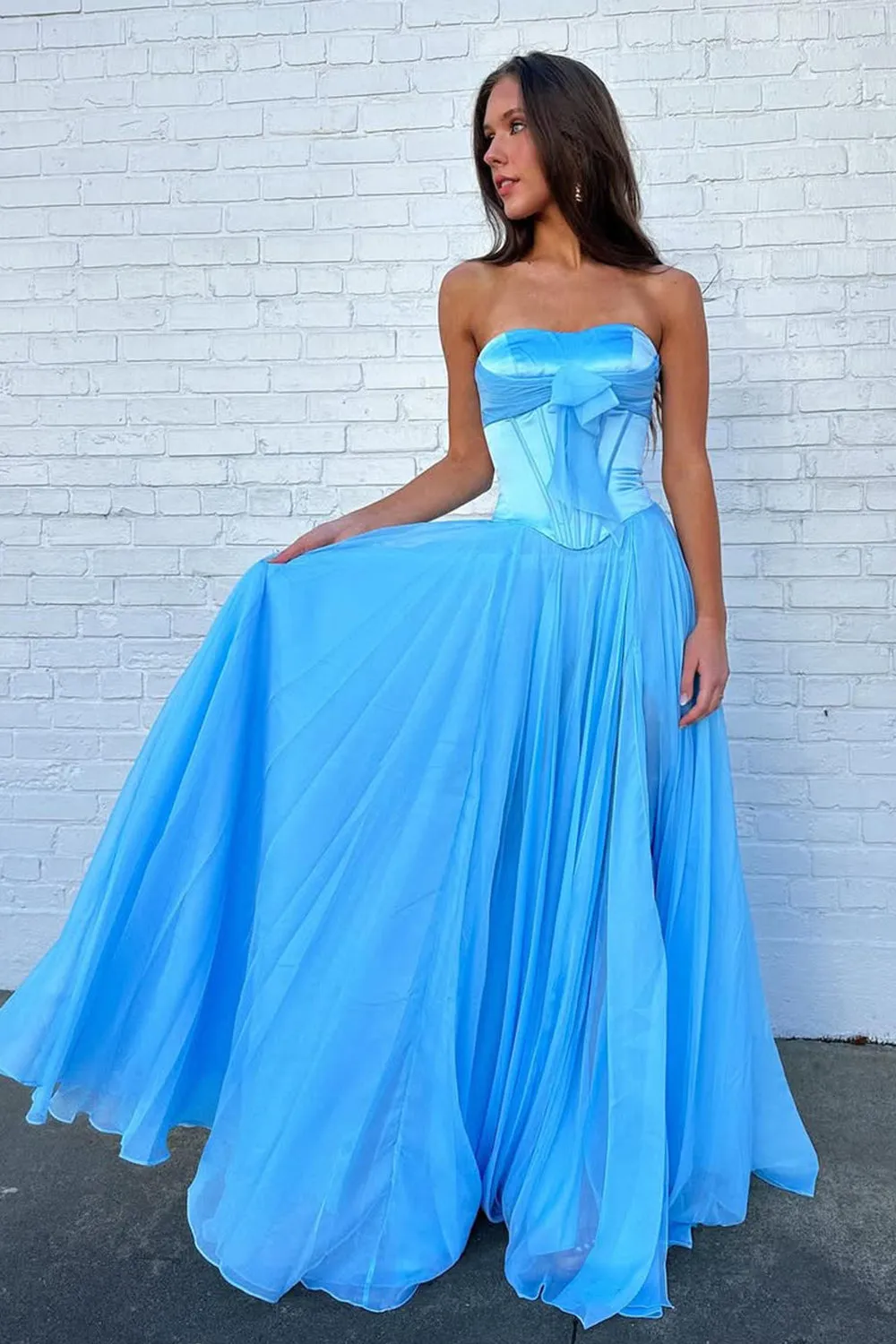 Blue - A Line Strapless Pleated Chiffon Long Prom Dress with Bow sold by KissProm product image thumbnail 4