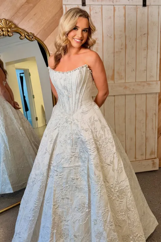 Jolette | White - A Line Strapless Jacquard Long Prom Dresses sold by KissProm