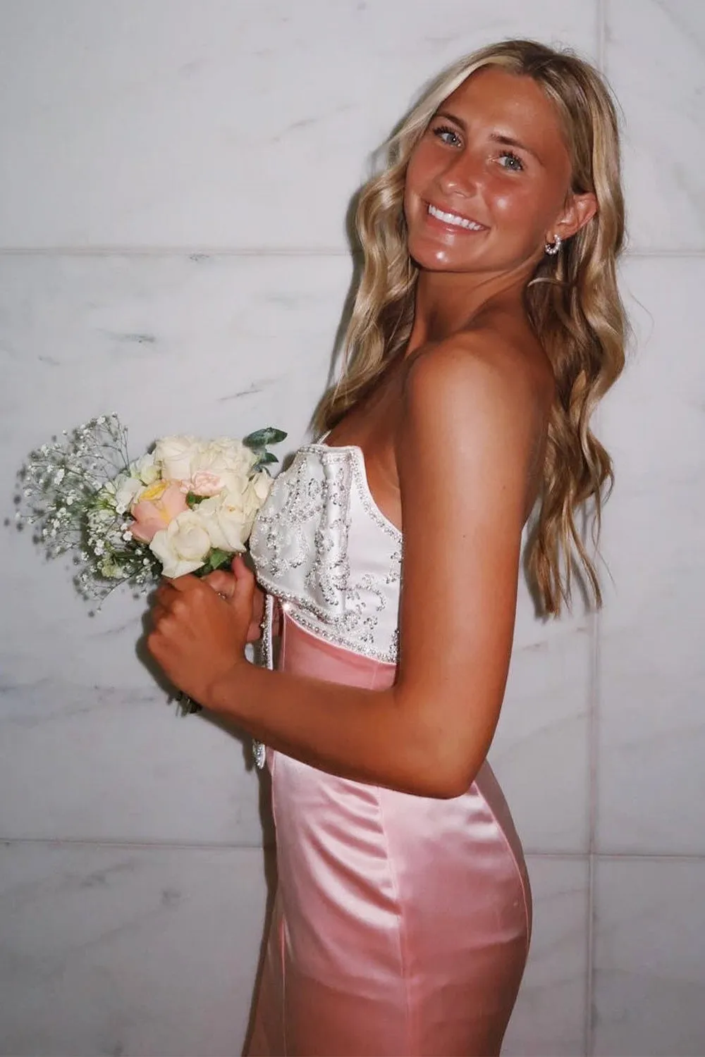 Pink Mermaid Satin Strapless Long Prom Dresses with Beaded Bow sold by KissProm product image thumbnail 2