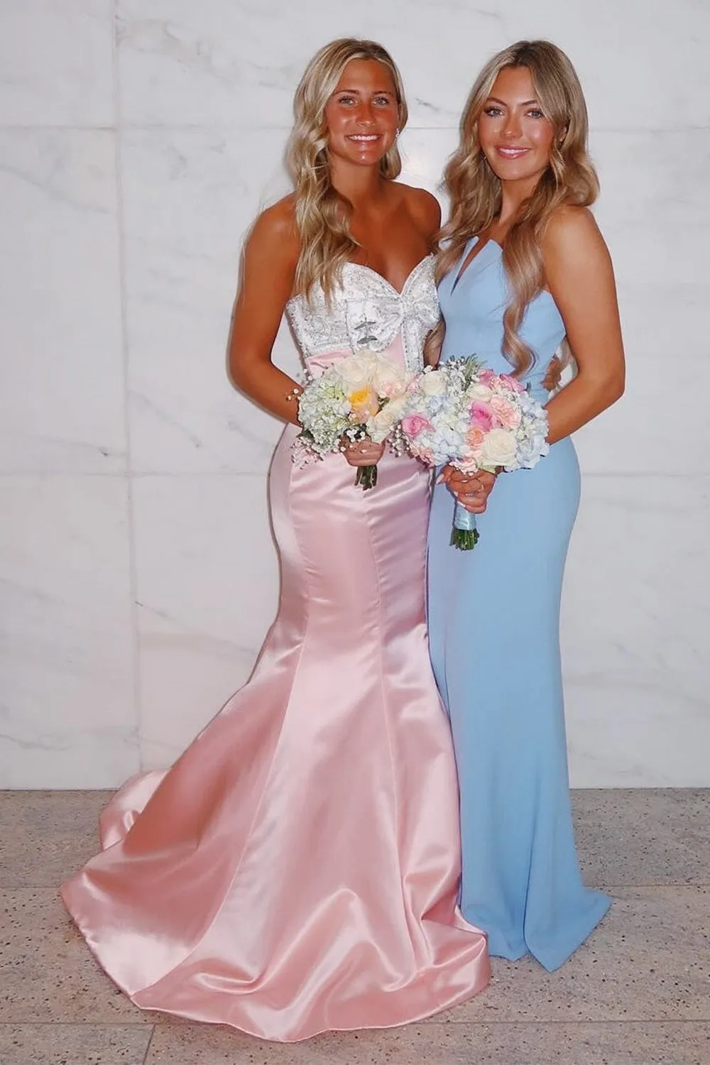 Pink Mermaid Satin Strapless Long Prom Dresses with Beaded Bow sold by KissProm product image thumbnail 3