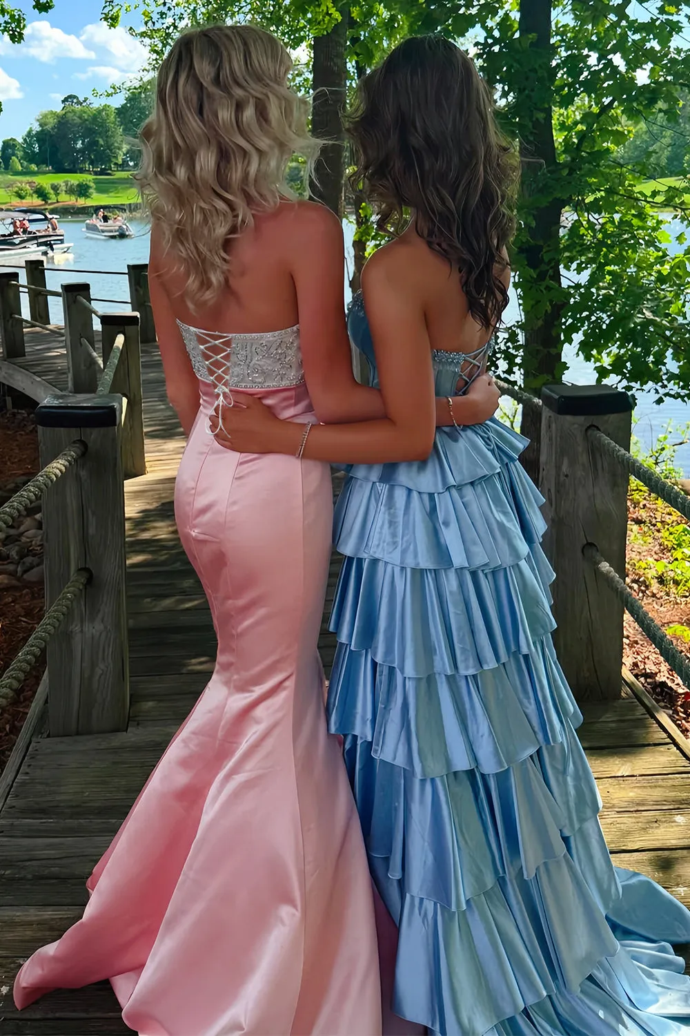 Pink Mermaid Satin Strapless Long Prom Dresses with Beaded Bow sold by KissProm product image thumbnail 5