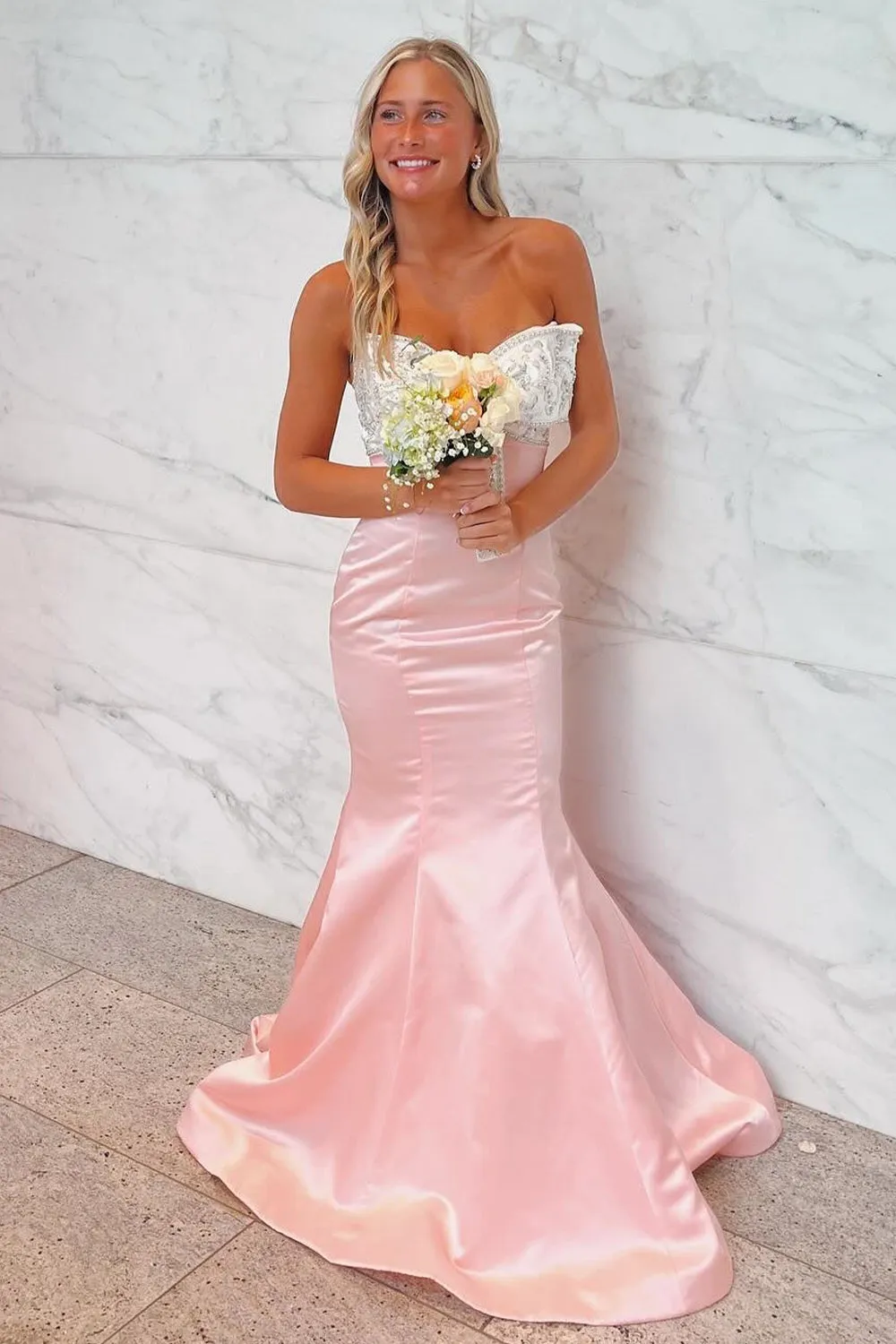 Pink Mermaid Satin Strapless Long Prom Dresses with Beaded Bow sold by KissProm