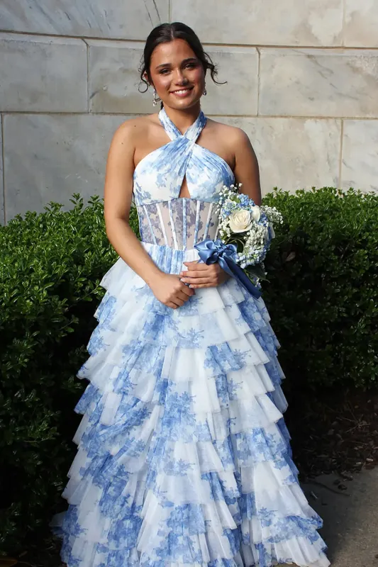 Elsin | Blue - Halter A Line Floral Chiffon Formal Prom Dresses With Ruffles sold by KissProm