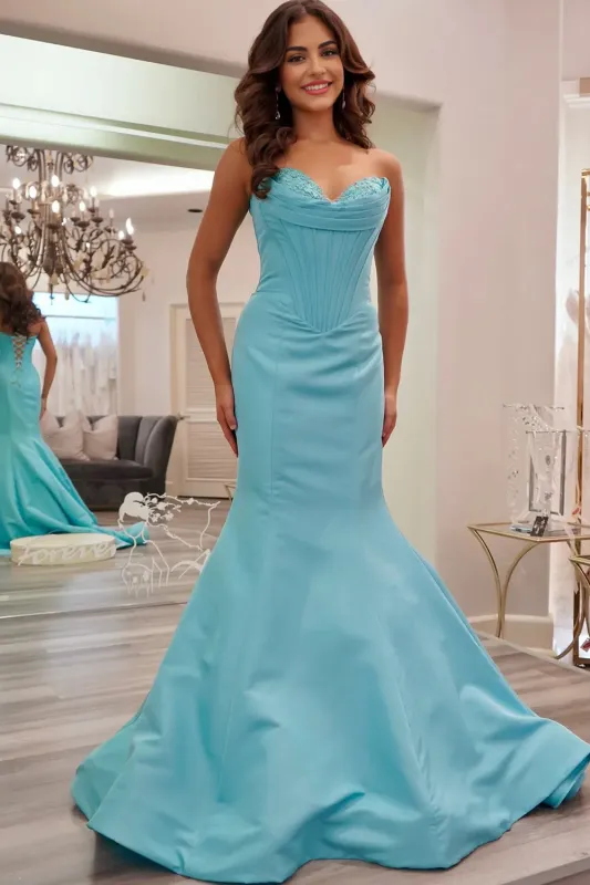 Blue Sweetheart Mermaid Pleated Long Formal Prom Dresses With Appliques sold by KissProm