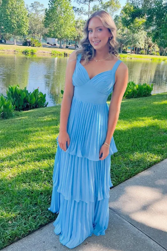 Arvella | Blue - Sweetheart A-Line Chiffon Pleated Long Prom Dresses With Ruffles sold by KissProm