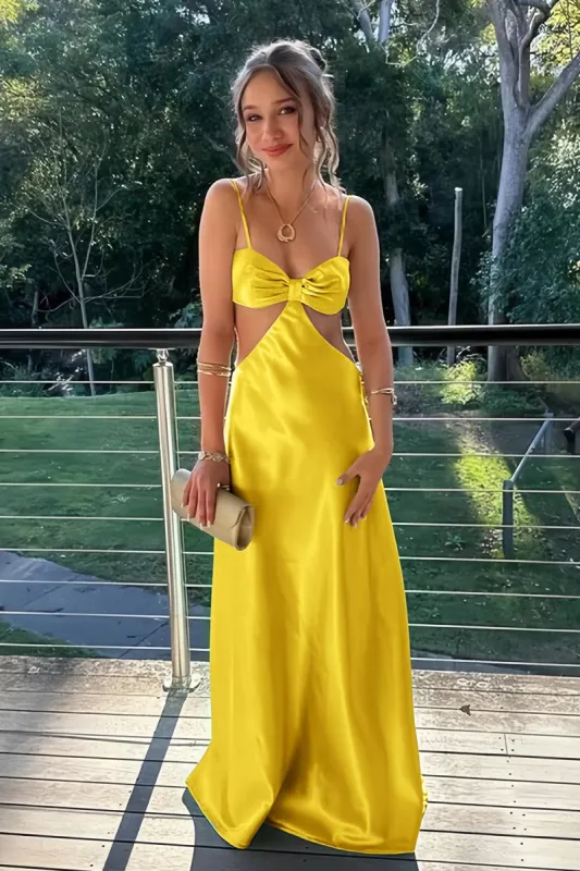 Caeli | Yellow - Sheath Spaghetti Straps Long Satin Prom Dresses With Cut out sold by KissProm