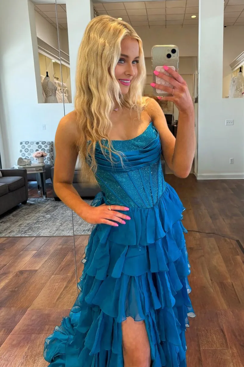 Hanya | Peacock - A Line Strapless Chiffon Beaded Corset Long Prom Dress With Slit sold by KissProm product image thumbnail 3