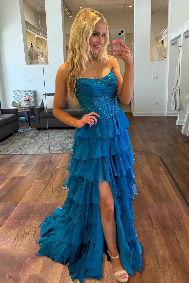 Hanya | Peacock - A Line Strapless Chiffon Beaded Corset Long Prom Dress With Slit sold by KissProm