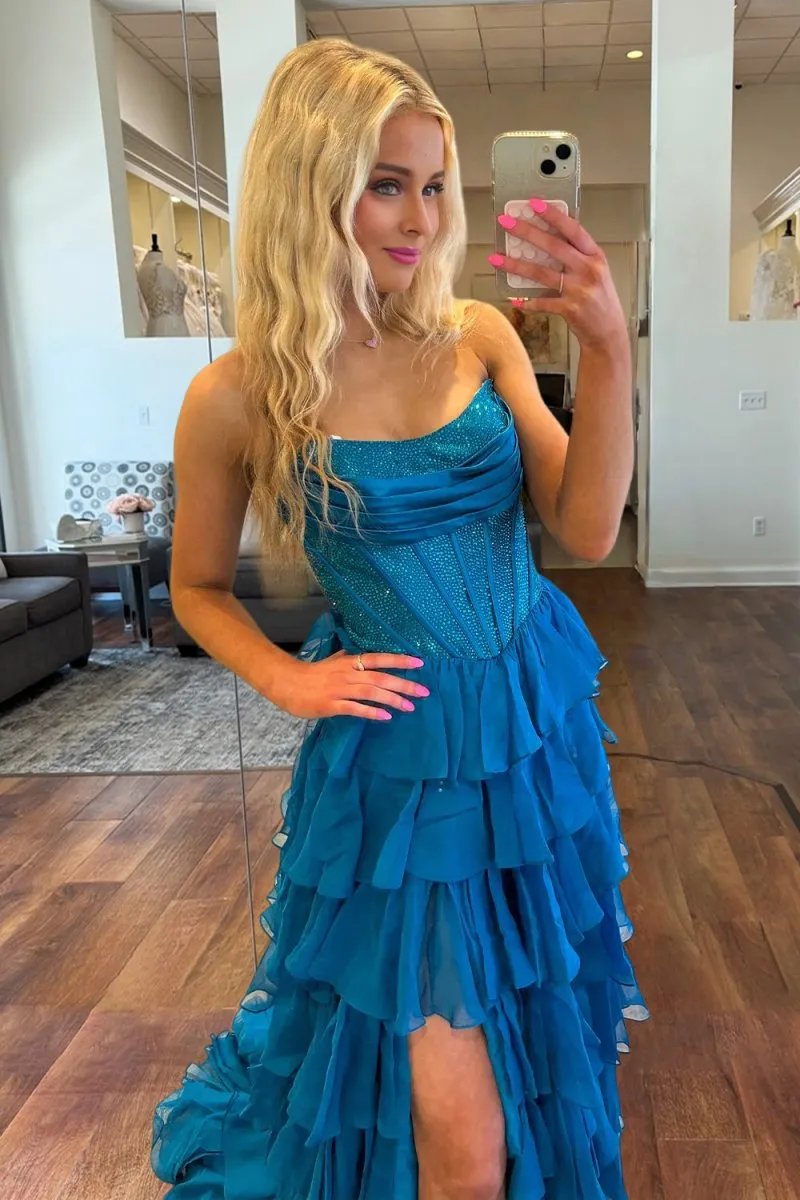 Hanya | Peacock - A Line Strapless Chiffon Beaded Corset Long Prom Dress With Slit sold by KissProm product image thumbnail 2