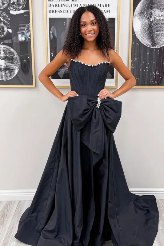 Aspen | Black - Strapless A Line Satin Pearl Long Formal Prom Dresses With Bow sold by KissProm