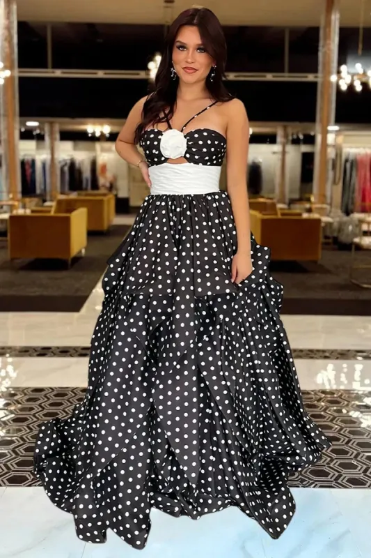 Black - Halter Satin A Line Dot Prom Dresses With Flower made by KissProm