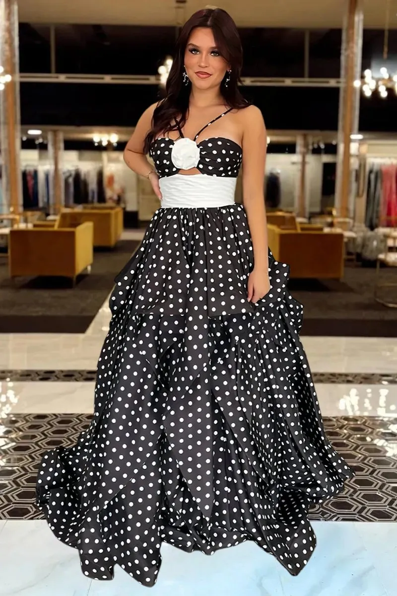 Black - Halter Satin A Line Dot Prom Dresses With Flower sold by KissProm