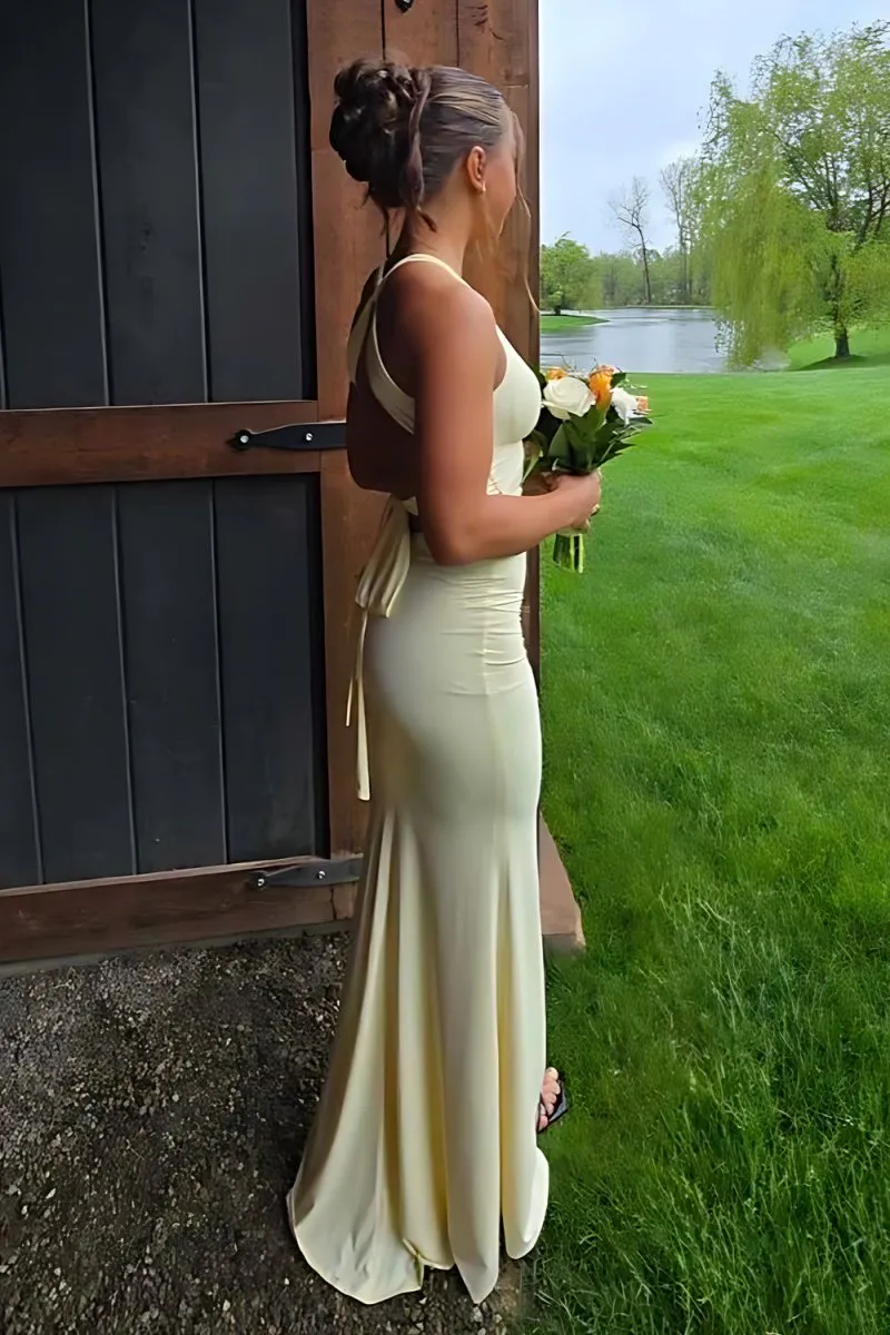 Reed | Yellow - Halter Mermaid Pleated Open Back Long Prom Dresses sold by KissProm product image thumbnail 4