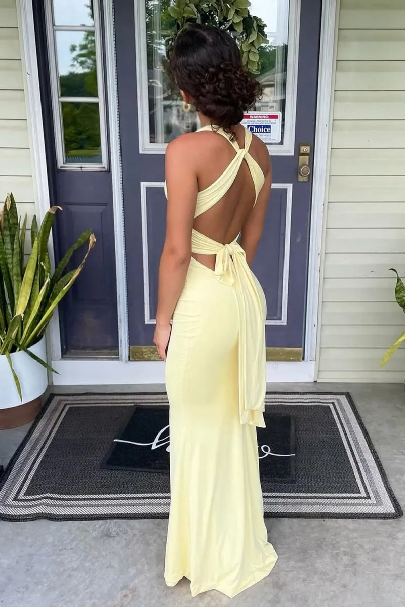 Reed | Yellow - Halter Mermaid Pleated Open Back Long Prom Dresses sold by KissProm product image thumbnail 2