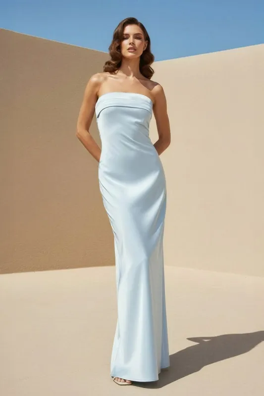 Minara | Sky Blue - Strapless Sheath Satin Pleated Open Back Long Prom Dresses sold by KissProm