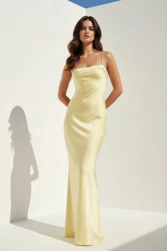 Yellow Spaghetti Straps Sheath Satin Open Back Long Prom Dresses sold by KissProm