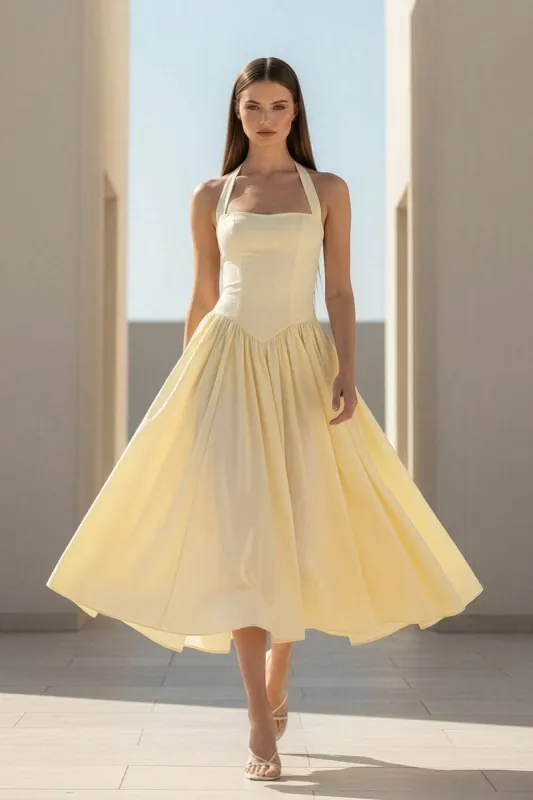 Jehona | Yellow - Halter A Line Satin Pleated Tea Length Formal Prom Dresses sold by KissProm