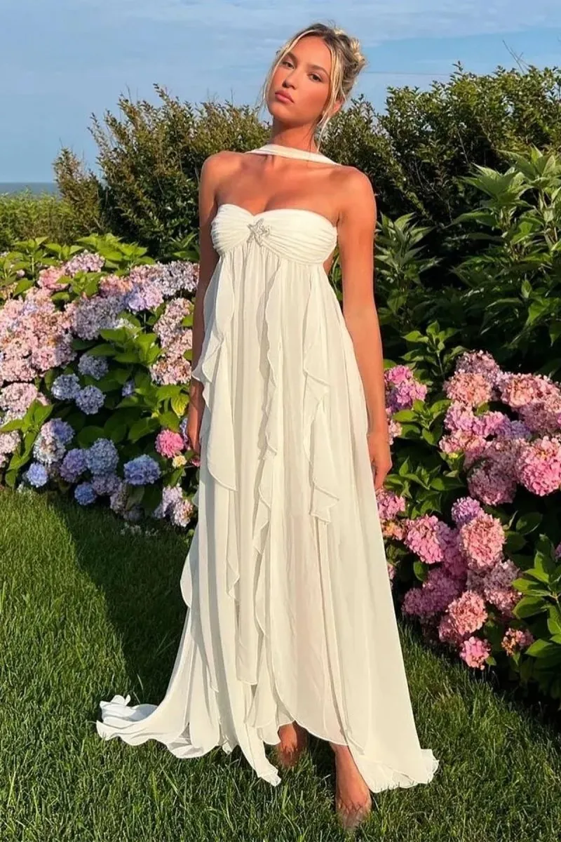 Leith | White - Strapless A Line Chiffon Pleated Long Prom Dresses With Ruffles sold by KissProm