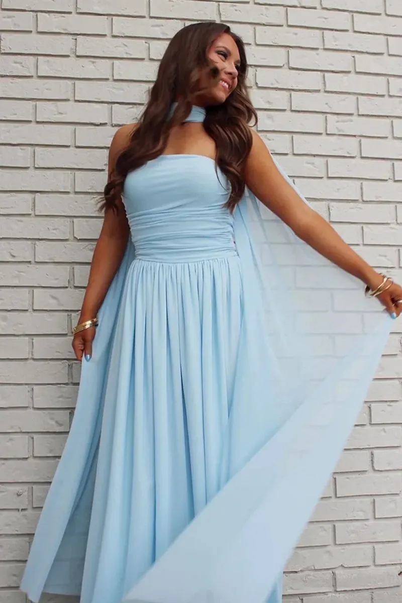 Mallory | Sky Blue - Strapless Chiffon Pleated A Line Long Prom Dresses With Scarf sold by KissProm