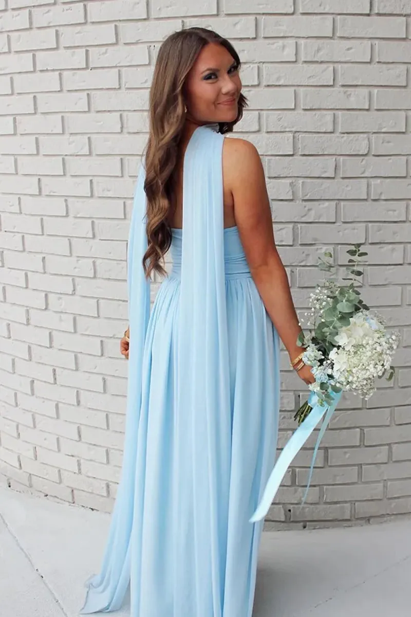 Mallory | Sky Blue - Strapless Chiffon Pleated A Line Long Prom Dresses With Scarf sold by KissProm product image thumbnail 2