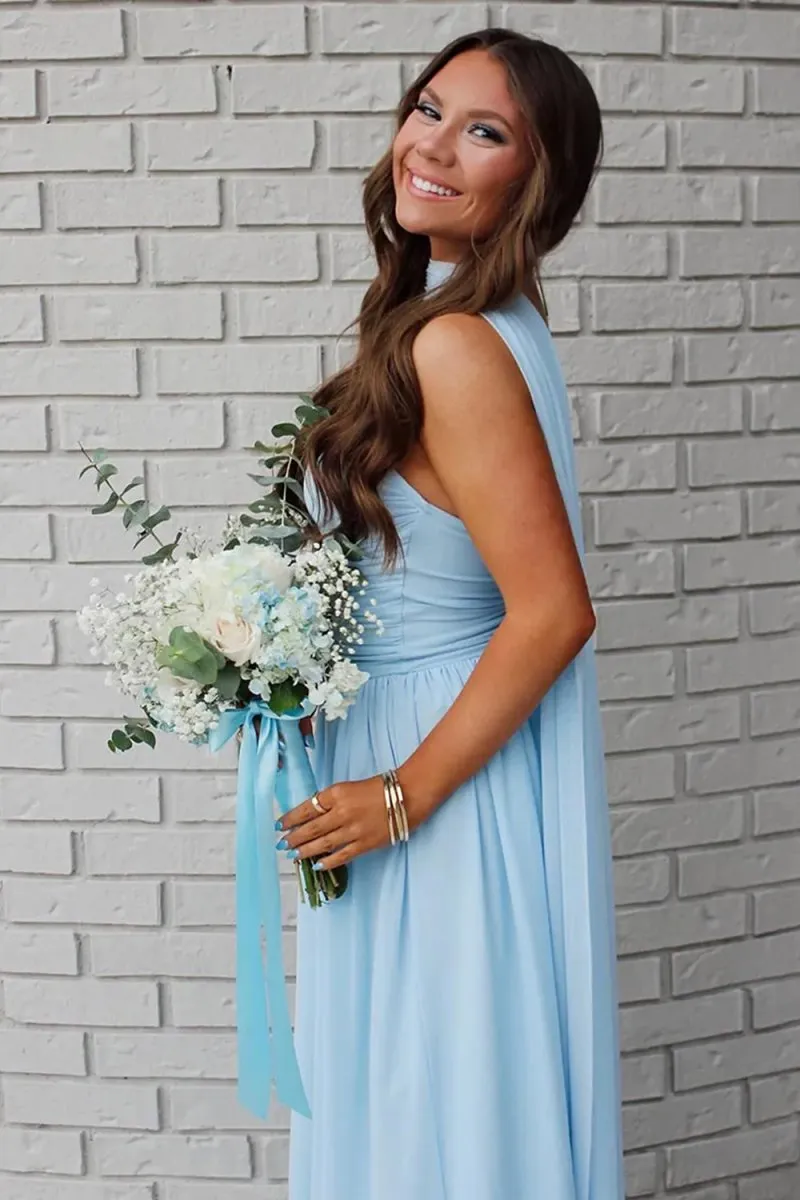 Mallory | Sky Blue - Strapless Chiffon Pleated A Line Long Prom Dresses With Scarf sold by KissProm product image thumbnail 3
