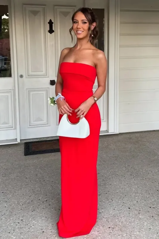 Queenbe | Red - Strapless Sheath Satin Pleated Long Formal Prom Dresses sold by KissProm