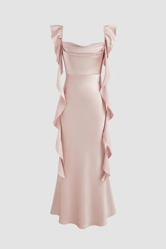 Majory | Pink - Sheath Cowl Neck Satin Pleated Formal Prom Dresses With Ruffles sold by KissProm