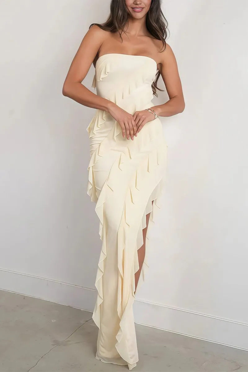 Ivory - Sheath Strapless Chiffon Long Prom Dresses With Ruffles sold by KissProm product image thumbnail 3