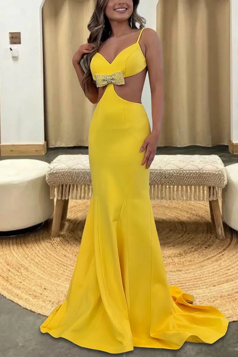 Asseda | Yellow - Spaghetti Straps Satin Cutout Mermaid Prom Dresses With Bowknot sold by KissProm