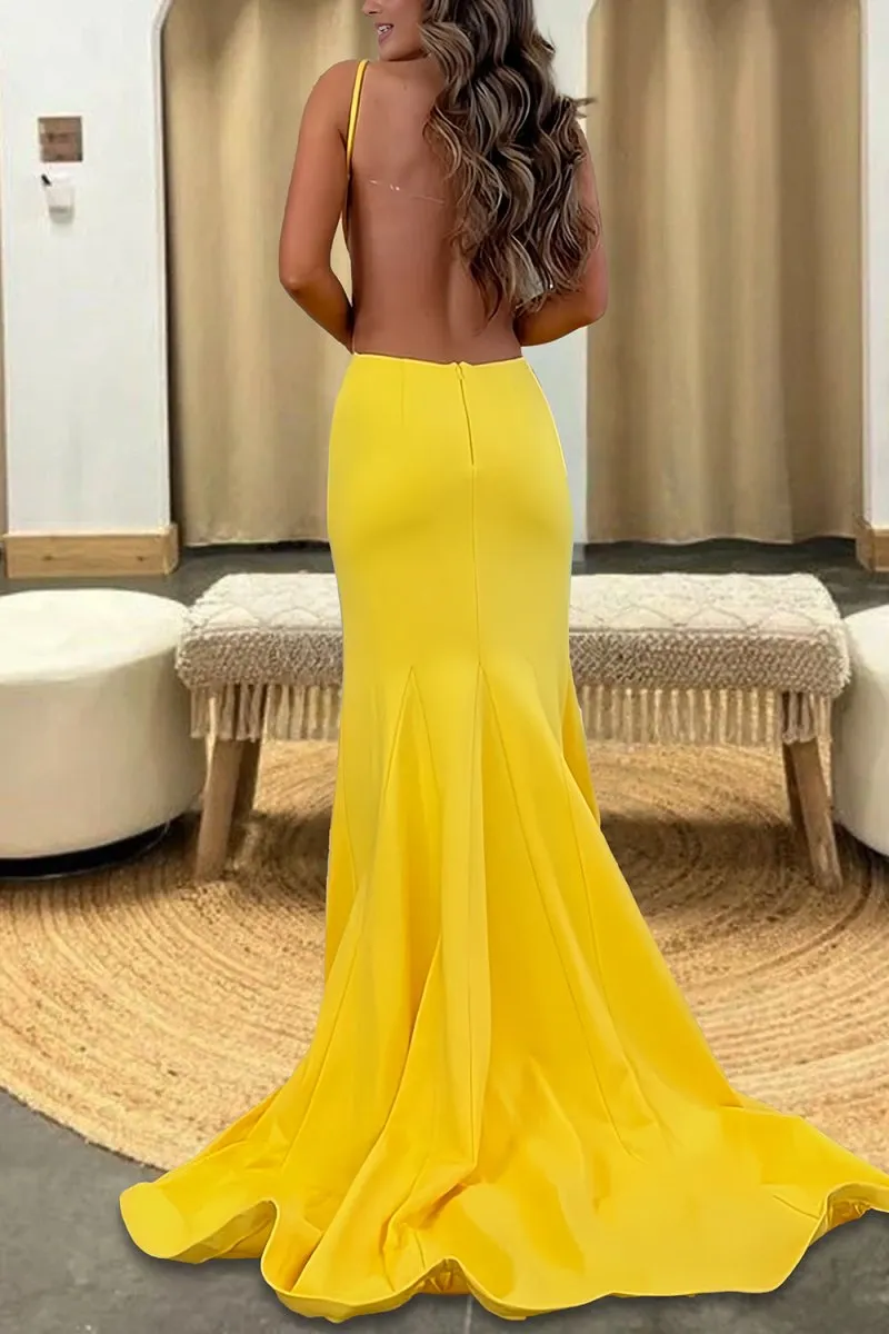 Asseda | Yellow - Spaghetti Straps Satin Cutout Mermaid Prom Dresses With Bowknot sold by KissProm product image thumbnail 2