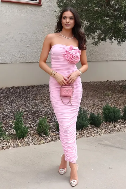 Dravor | Pink - Strapless Sheath Ankle Length Pleated Prom Dresses With Flower sold by KissProm