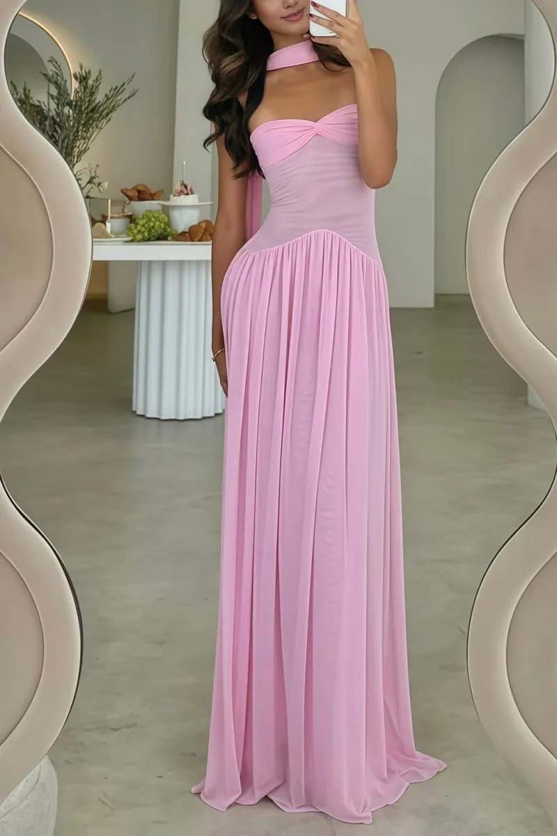 Pink Strapless A Line Chiffon Pleated Long Prom Dresses sold by KissProm