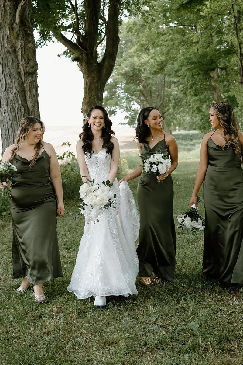 Hunter Green Silk Satin Cowl Neck Bridesmaid Dresses sold by KissProm product image thumbnail 4
