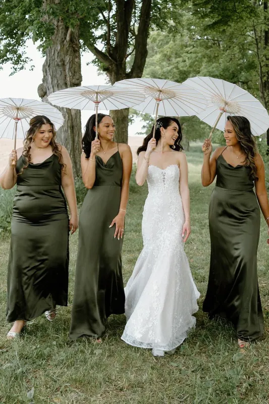 Hunter Green Silk Satin Cowl Neck Bridesmaid Dresses sold by KissProm