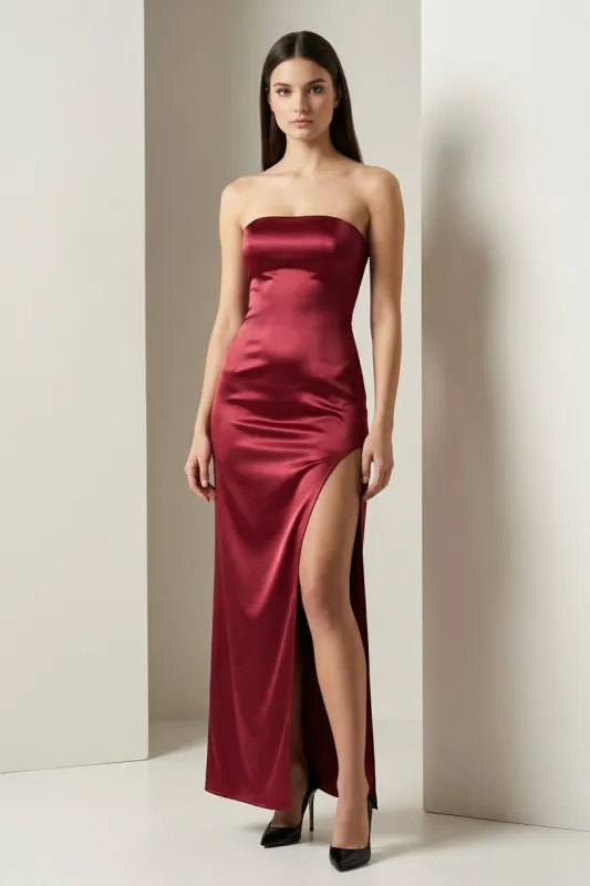 Burgundy Strapless Satin Sheath Long Formal Prom Dresses With Slit made by KissProm