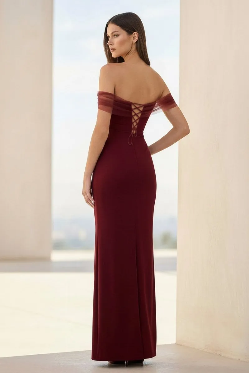 Fenisse | Burgundy - Off The Shoulder Mermaid Satin Long Formal Prom Dresses sold by KissProm product image thumbnail 2