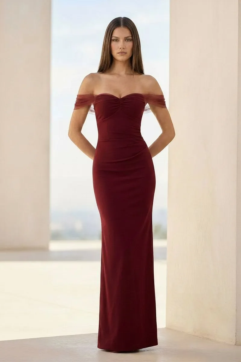Fenisse | Burgundy - Off The Shoulder Mermaid Satin Long Formal Prom Dresses sold by KissProm