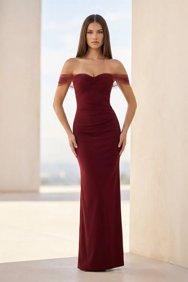Fenisse | Burgundy - Off The Shoulder Mermaid Satin Long Formal Prom Dresses sold by KissProm product image thumbnail 4